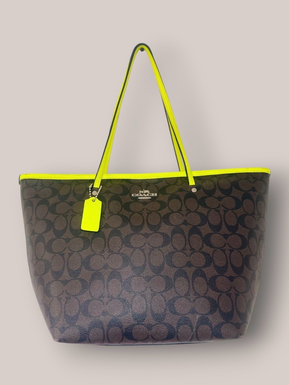 COACH Signature Tote with Yellow/green Trim